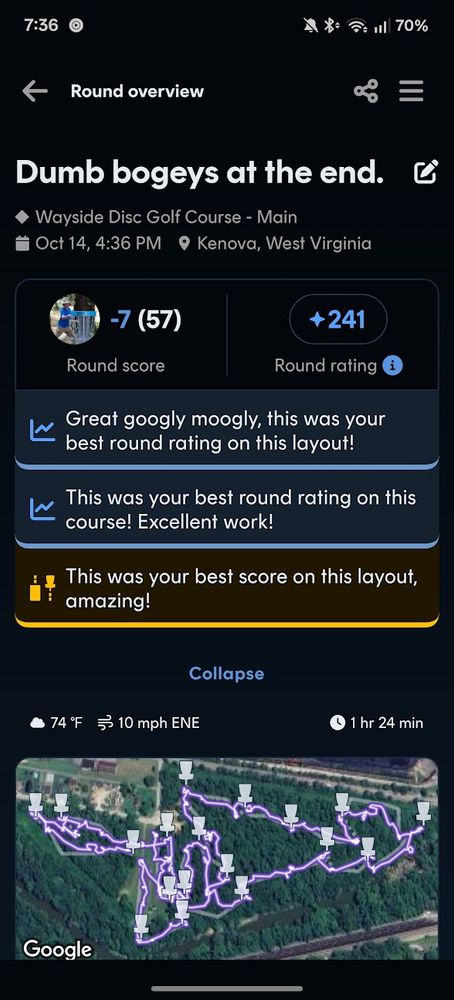 screenshot showing this is my best round ever on this course.