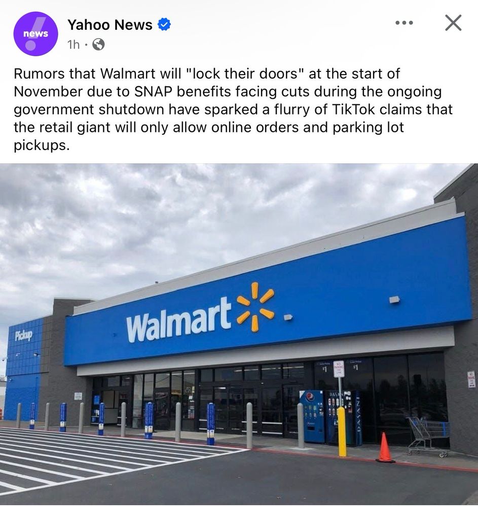 Rumors that Walmart will "lock their doors" at the start of November due to SNAP benefits facing cuts during the ongoing government shutdown have sparked a flurry of TikTok claims that the retail giant will only allow online orders and parking lot pickups.
X
Pickup
Walmart