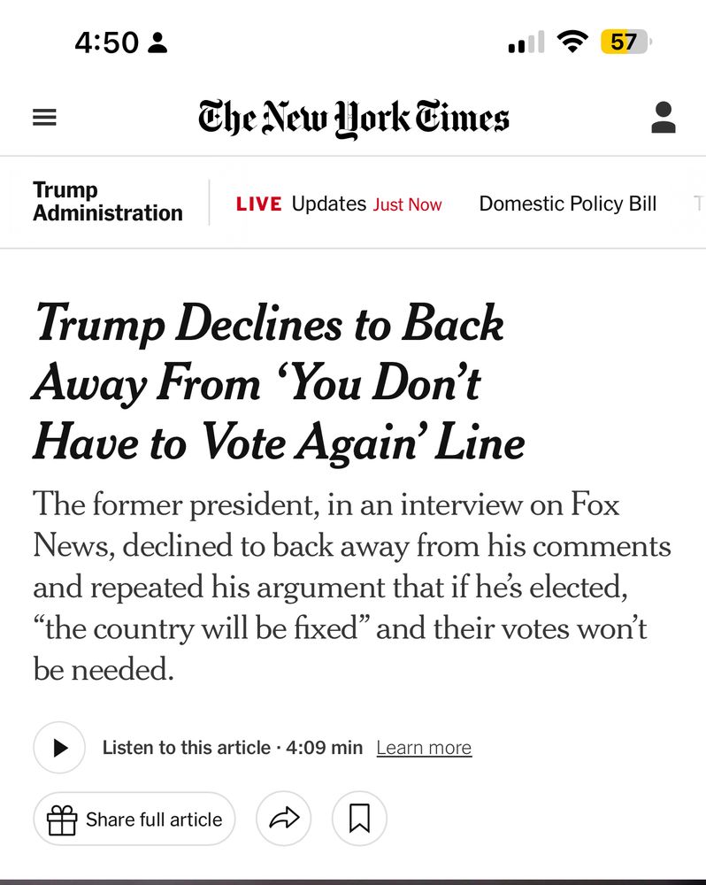 NYT: Trump Declines to Back Away From 'You Don't Have to Vote Again' Line
The former president, in an interview on Fox News, declined to back away from his comments and repeated his argument that if hes elected,
"the country will be fixed" and their votes won't be needed.