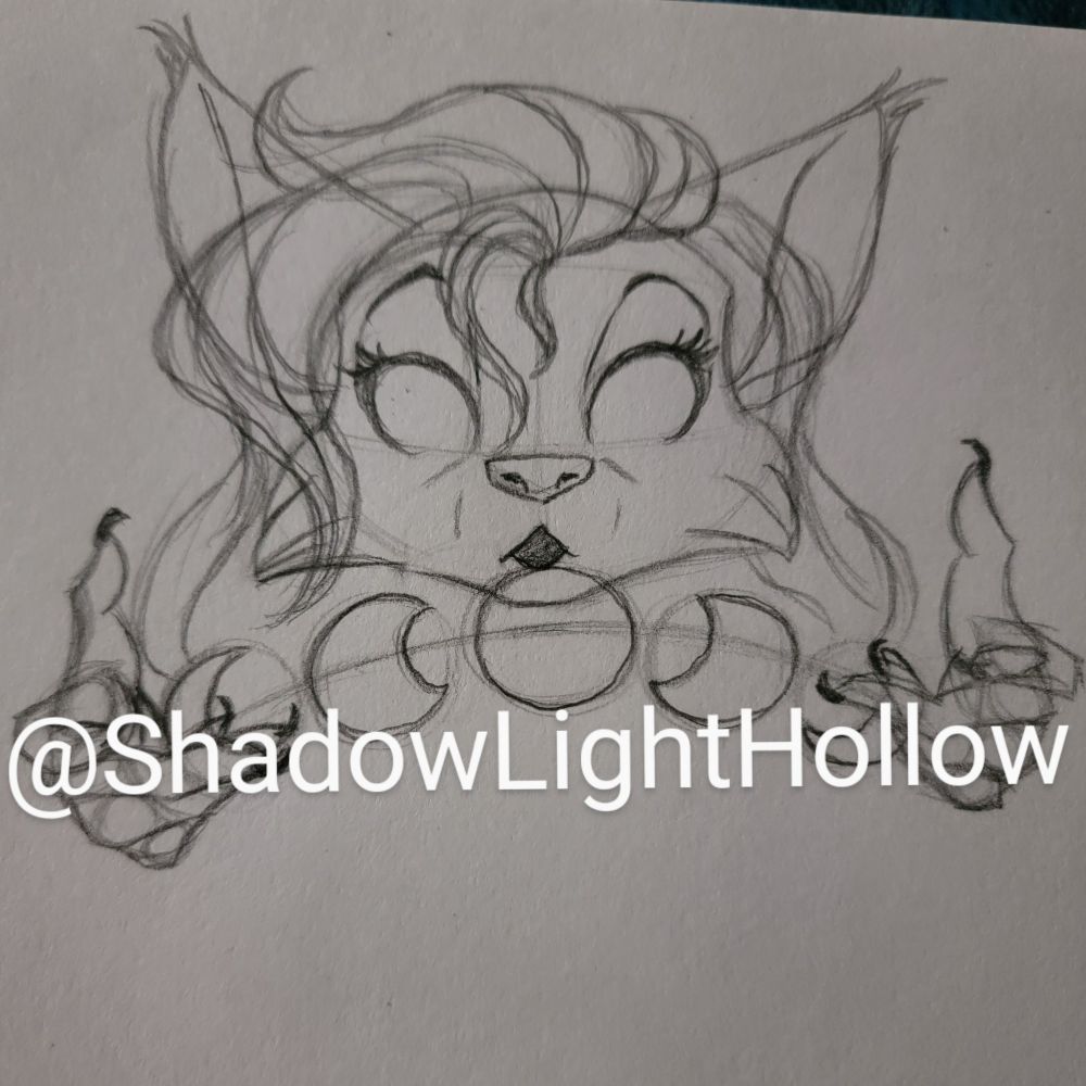 A headshot of a female wolf with fabulous hair, eyes white and glowing with power as she holds up five phases of the moon with incredibly well-drawn hands.