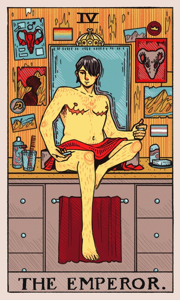 A variant of the Emperor (IV) tarot card, featuring a young man with stylized top surgery scars. He is sitting on a bathroom counter in front of a mirror, injecting testosterone into his thigh. Posters behind him depict mountains, a ram skull, and a diagram of a uterus and ovaries. 