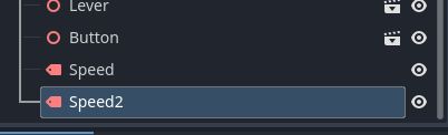 A screenshot of the Godot game editor, showing the node hierarchy.
There is a "label" node called "Speed", and below it is a selected label node called "Speed2", which is humorously also the name of a movie about a boat