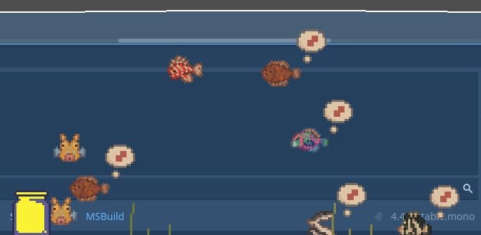 Suizokukan Project screenshot, a few fish have a hunger text bubble 