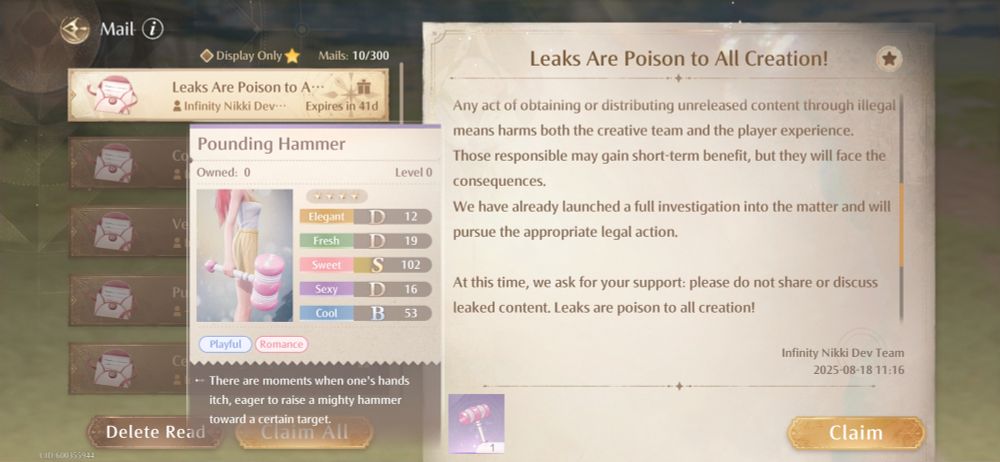 Image with in game mail that says leaks are poison to all creation, player receives an item that is a giant hammer 