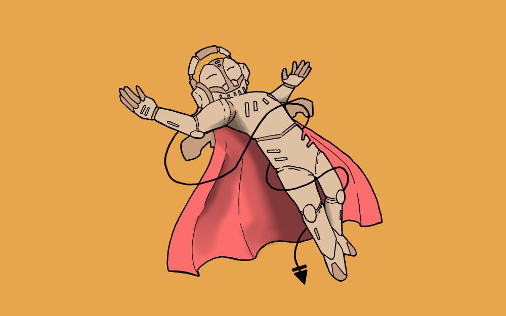 The fixed version of the Kingly looking robot floating with headphones on with the left shoulder pad colored in