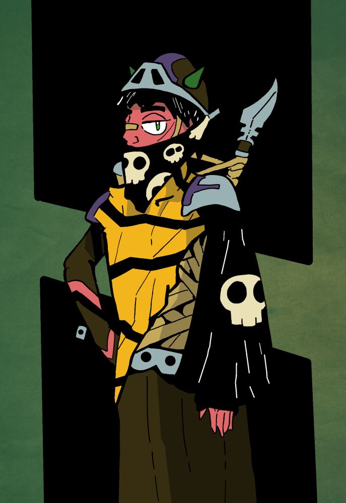 Nekomata, my demon hunting samurai teifling for our Gen Con one off. He’s dressed in a skull patterned bandit mask and cloak with a tiger like poncho. He’s very cool 