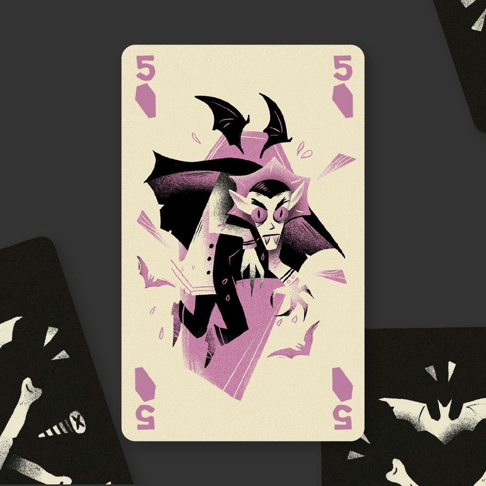 Digital mockup of a playing card on a grey background. The artwork depicts a floating nosferatu, drawing in a sketchy, vector shape style in pinks and black on a beige background. Number 5 is in each corner, with small coffin shapes below. 