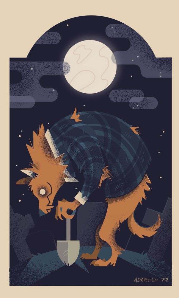digital illustration in vector style, of a werewolf in dark plaid, hunched over holding a small spade. The expression is happy with a single white eye. Fur is orange. He stands in a graveyard under a full moon, with a border in the shape of a headstone.