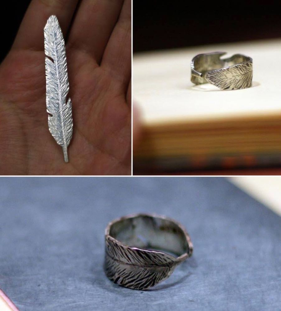 Three photos in a grid. The first shows a flat hand holding a small, roughly carved silver feather. The second is a shot of the feather bent into a circle or ring. The third is a more detailed shot, with the grooves of the feather details picked out in black. An etched, silver ring. 