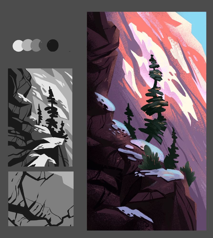 digital illustration depicting black and white notan sketches, and a final pieces showing a rocky ledge with snow and pine trees, and a bright sunset colour mountain in the background. 