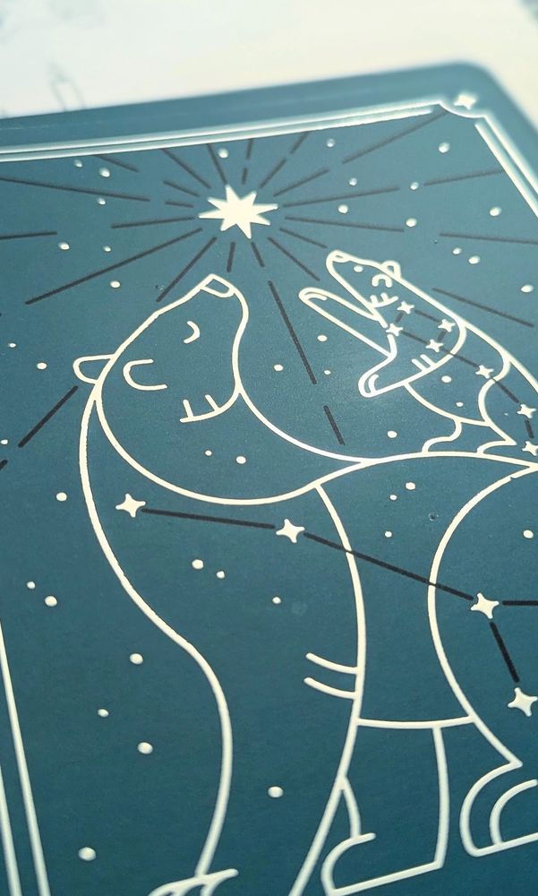 angled photo of a blue card. The illustration is of a mother and baby polar bear, in line art, with stars and constellations throughout. The small bear reaches for a large northern star. 