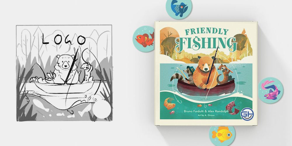 Two images. Left is a rough black and white sketch of three animals fishing off a small boat, surrounded by pond reeds and trees. 

On the right, same illustration but fleshed out. 
Illustration of three animals fishing off a boat. The style is soft, almost wind-in-the-willows, with a large orange bear seated in the middle, a calm blue-hatted raccoon on the left, and an energetic otter on the right, hauling in an orange fish. The tone is soft and autumnal. Blue writing above reads 'Friendly Fishing'