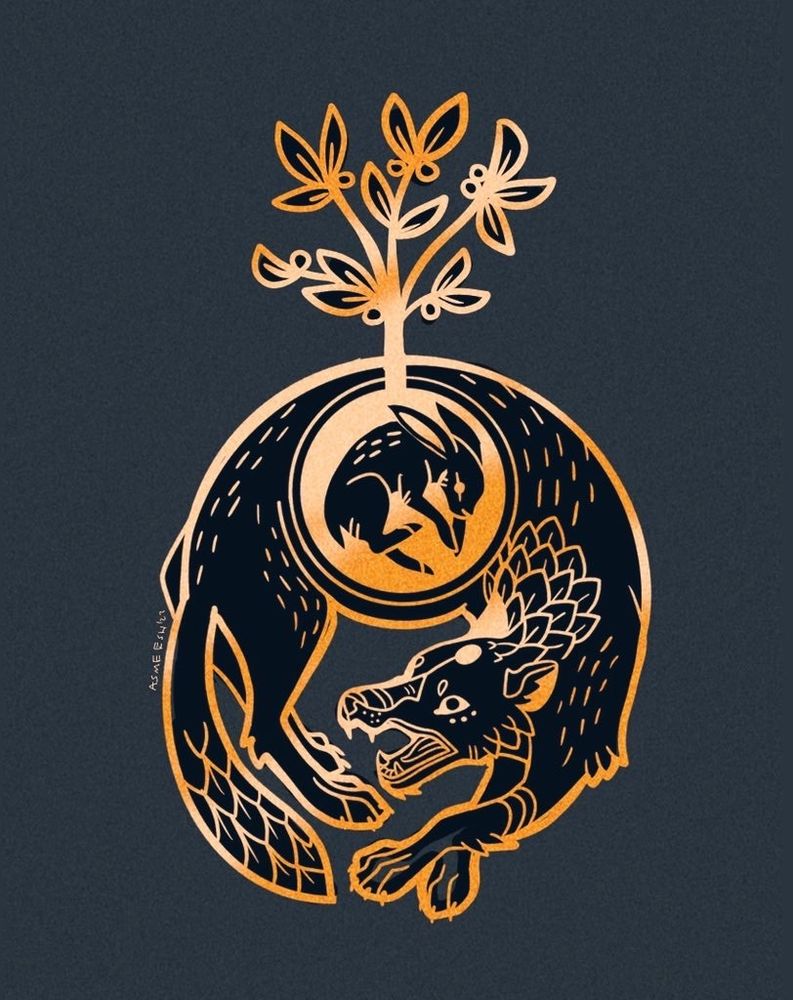 digital illustration of a wolf, curled in an almost circle, chasing its tail. The design is tribal looking, gold outline on black. The maw of the wolf is open, eyes surprised. Within its belly is a golden circle, with a hare curled within, looking very much alive. From the belly and rabbit sprouts a tree, gold and black leaves. The piece resembles an enamel pin design in its simplicity and colour choices. 