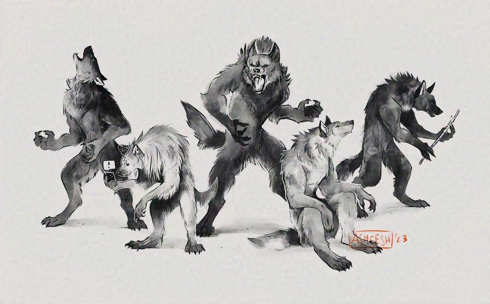 Black and white digital illustration of five werewolves against a white background. Left to right, a howling dark werewolf, a light coloured werewolf with long fur looking at her phone, a dark werwolf snarling in an aggressive stance, a grey werewolf sitting and looking contemplative, a dark werewolf looking at a carved stick in her paws.