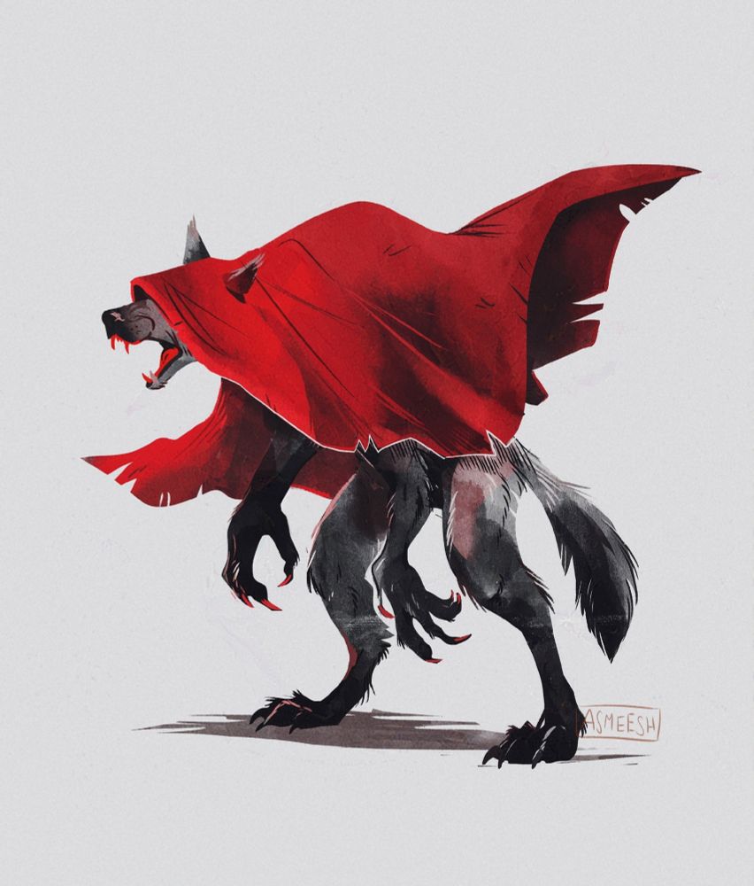 digital illustration of a grey werewolf on hind legs, facing left, hunched with a snarling red mouth. Its eyes and head are covered in a tattered red cape that flares about it. 