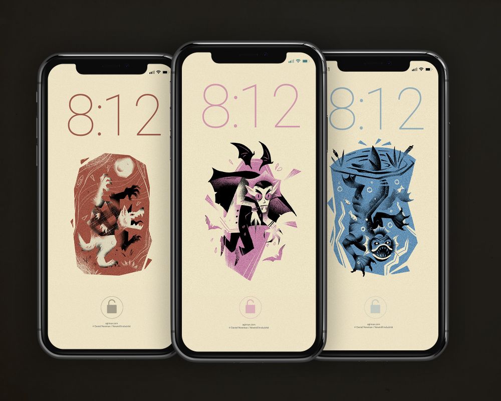 Image showing three phone wallpapers. Left to right, an orange werewolf, a pink vampire, and a blue lagoon creature. The style is done in sharp shapes with an almost block-style printing. 