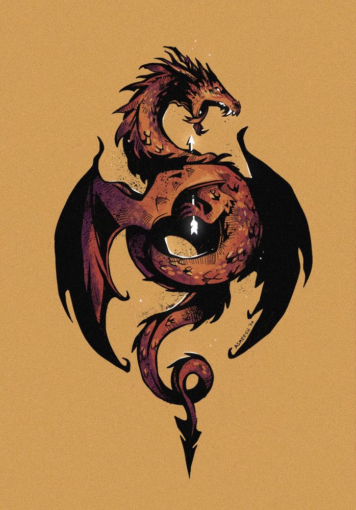 An illustration of an orange and purple wyvern, or two limbed two-winged dragon. It curls in on itself, flying upwards with wings semi open. Its head is open in a snark, tongue out, eye a white slit. One of its arms grasps a white glowing arrow which pieces its throat. The tail curls in loops downwards, ending in a spike. The style is vaguely comic book ish, with heavy blacks and simple sharing. The entire piece sits on a golden background with no details. 