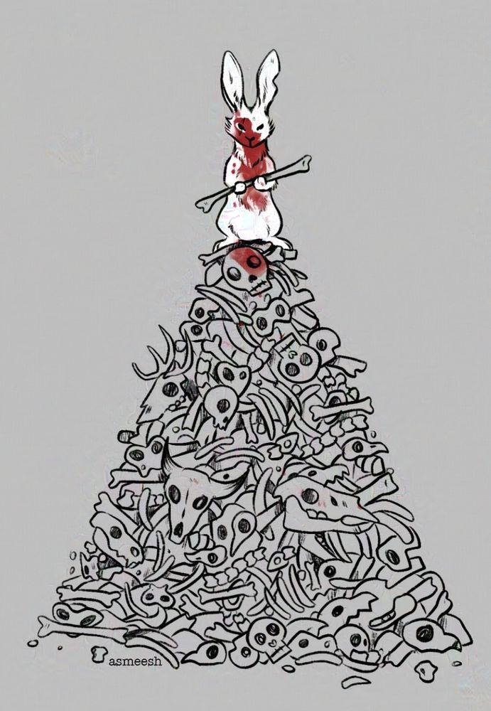 black and white drawing on a grey background, with red accent. Depicts a triangular pile of bones in a sketchy style, with a white rabbit standing on top, holding a femur. Its face and chest are covered in red stains. 