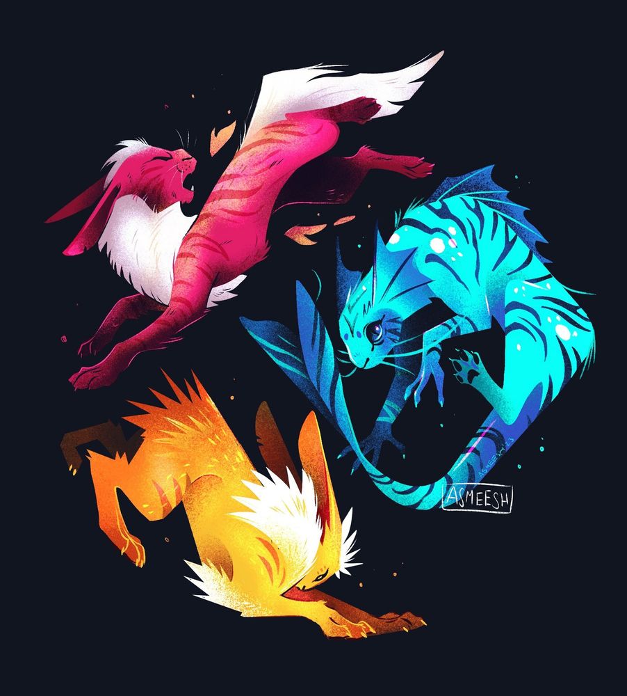 Digital illustration of three pokemon, the original 'eeveelutions, against a dark blue background. All three are in dynamic poses, and fit together in an almost-circle. Clockwise there is Vaporeon, a cat-like sea creature with blue skin, fins on the head, a long fish tail and tiger stripes, coloured in light and medium blues, posed as though swimming. The next is Jolteon, posed as though landing on its front paws with a bowed head. It is depicted as rabbit-like, with spiked yellow and orange fur, with tufts of white fur ont he head, neck and elbows. Lastly is Flareon, leaping with limbs extended. Its body is also rabbit-like, with red-pink striped fur, and tufts of white on the head, neck and tail. 