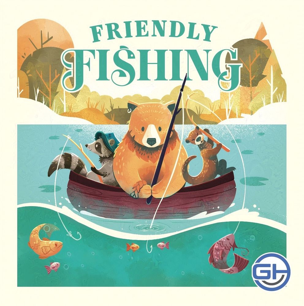 Illustration of three animals fishing off a boat. The style is soft, almost wind-in-the-willows, with a large orange bear seated in the middle, a calm blue-hatted raccoon on the left, and an energetic otter on the right, hauling in an orange fish. The tone is soft and autumnal. Blue writing above reads 'Friendly Fishing'