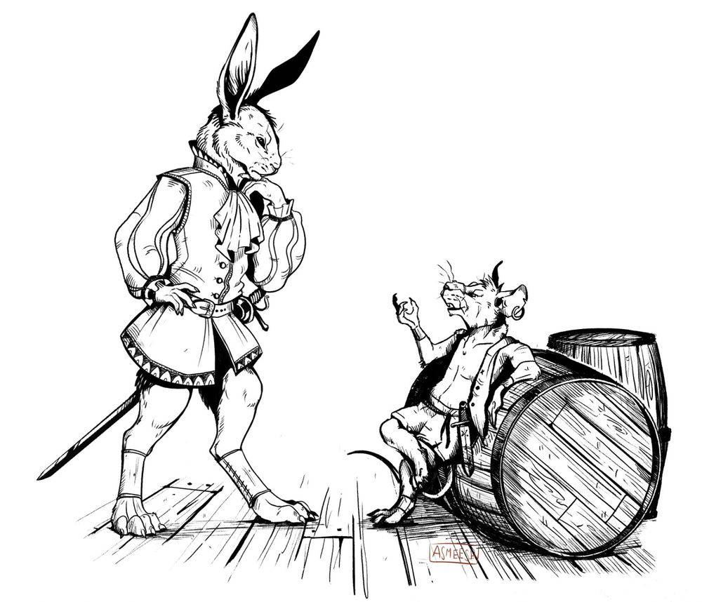Fully rendered black and white drawing of two characters, both anthropomorphized animals. On the left is a rabbit in fancy gear, a sabre at his hip, and a hand under his chin, contemplating. He's speaking to a much smaller rat who leans against a barrel. He has a pirate aesthetic, casual pose, expression like he's trying to sell the rabbit something.