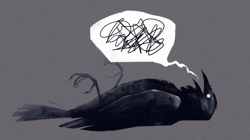 black and white digital illustration of a blackbird on its back, against a flat grey background. The wings are tucked, feathers ruffled, feet up and loose. The eye is a glowing white circle. Beak is open, with a squiggly word cloud trailing out of it. The contents of the word cloud are just a black chaotic scribble. 