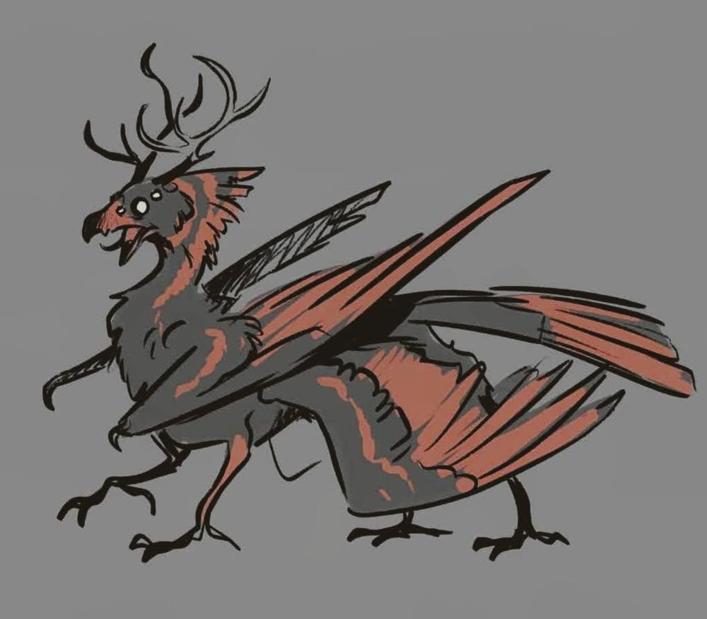 Quick digital drawing of a creature in profile. It has two sets of chicken legs, two sets of wings, a bird's tail, long next, and a bird's head with long head feathers. Also has deer horns and six eyes. Colour palette is a grey and brown-red. 