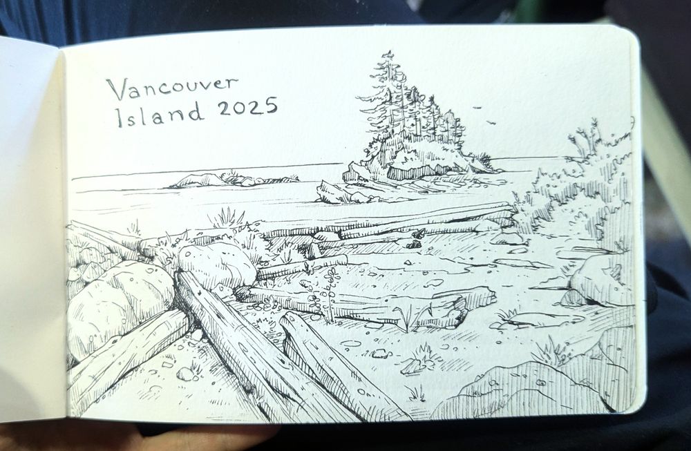 Pen and paper sketch, black on white. Depicts a Pacific West coast scene, low tide, rocks and trees along a beach. In the distance, a lone Island with a collection of tall pines. Top left corner reads Vancouver Island