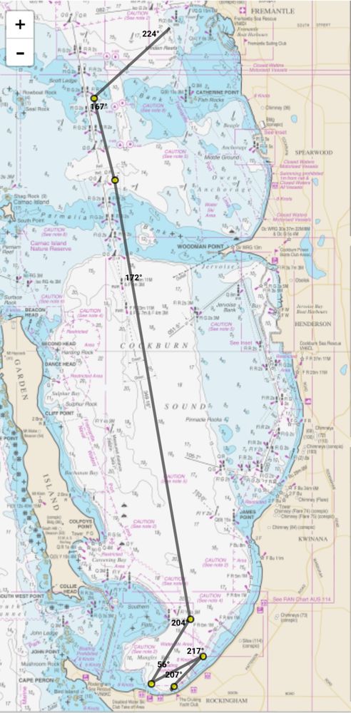 Marine chart of Perth Local Waters, with a course plotted from Fremantle to Mangles Bay.