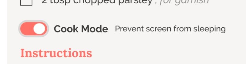 Screenshot of a partial recipe page (from the recipetineats website), with a toggle labelled "Cook Mode (Prevent screen from sleeping)"