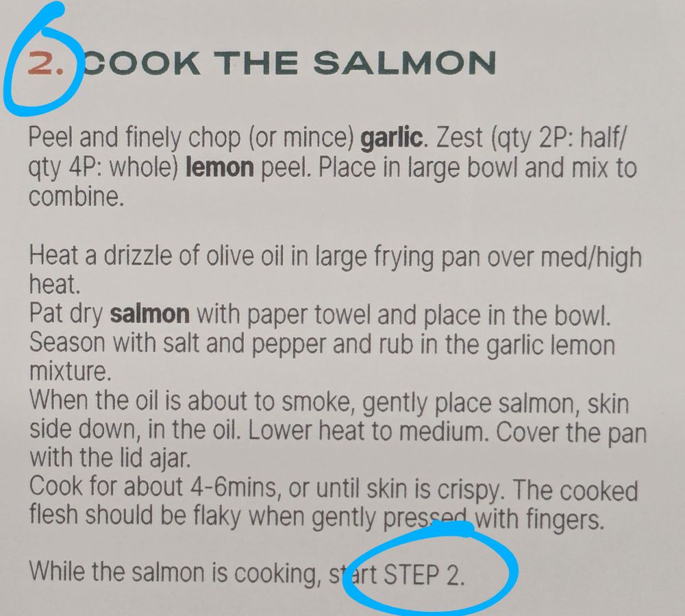 Step 2 of a recipe, ending in the instruction "While the salmon is cooking, start step 2"