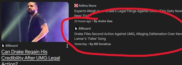 News article headline that states "Drake Files Second Action Against UMG, Alleging Defamation Over Kendrick Lanar's 'False' Song"