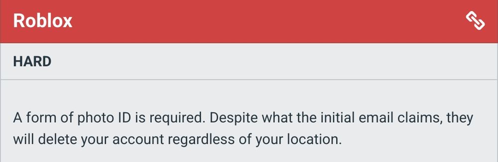 Screenshot from justdeleteme.xyz, explaining that Roblox requires photo ID to delete your account