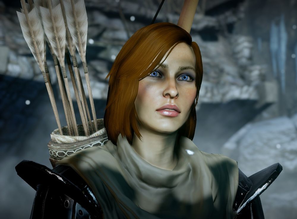 A human Inquisitor with brown hair and blue eyes, a bow and quiver visible on her back