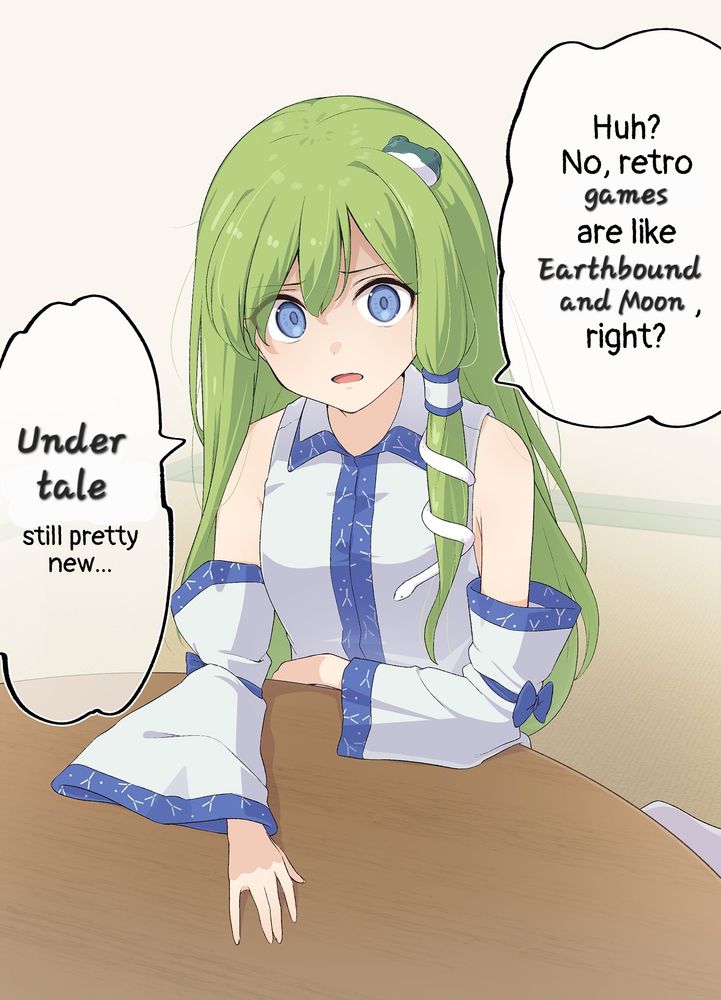 A drawing of an anime girl with green hair saying "Huh? No, retro games are like Earthbound and Moon, right? Under tale still pretty new..." She looks distressed 