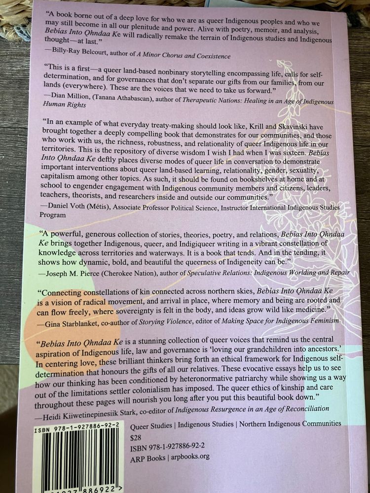 Back cover featuring blurbs by Billy Ray Belcourt, Dian Million, Daniel Voth, Joseph M Pierce, Gina Starblanket, and Heidi Kiiwetinepinesiik Stark