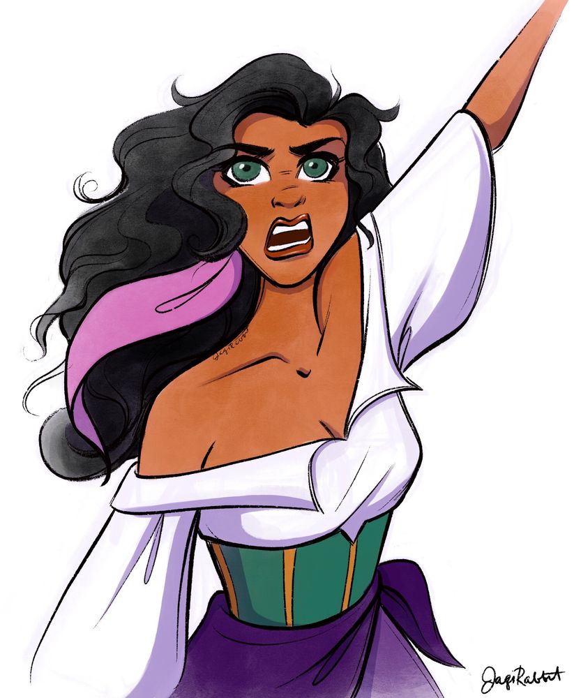 Illustration of Disney Esmeralda with fist in the air and angry face, indignant at people letting injustice happen to the innocent 
