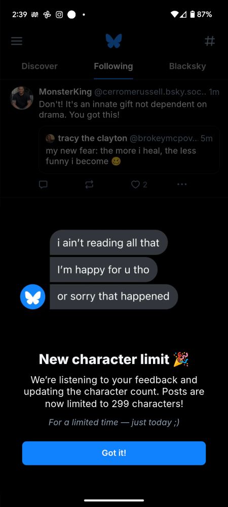 A screenshot thing I ain't reading all of that, I'm happy for you though, or sorry that happened discussing Blue skies new character limit