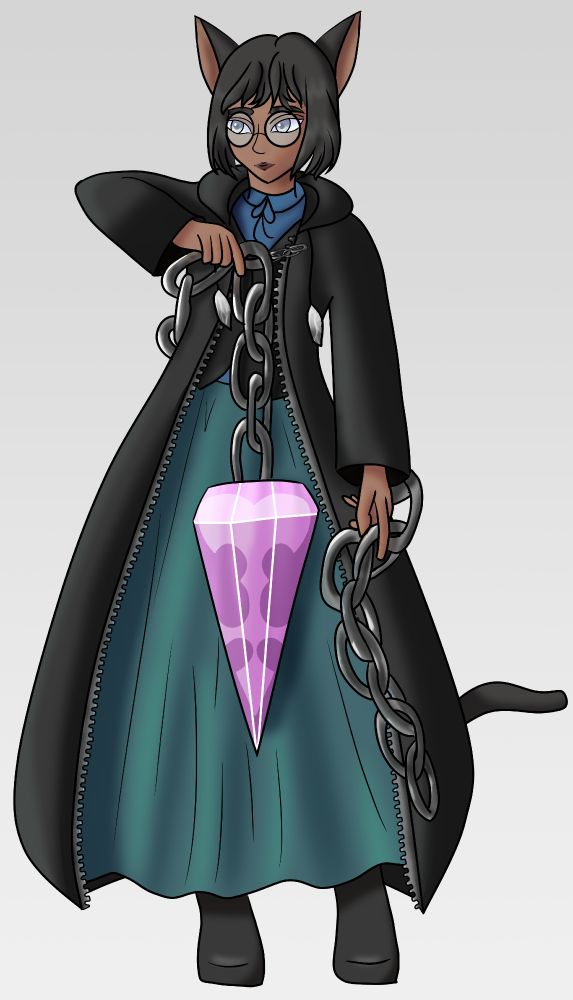 Fullbody of Arxemi, a Miqo'te (catfolk) woman with grey eyes, a black bob, and glasses. Wears green skirt, blue shirt and black waistcoat, with black coat and boots. Holds pink crystal suspended by a chain. Crystal bears the logo of Organization 13 (Kingdom Hearts).