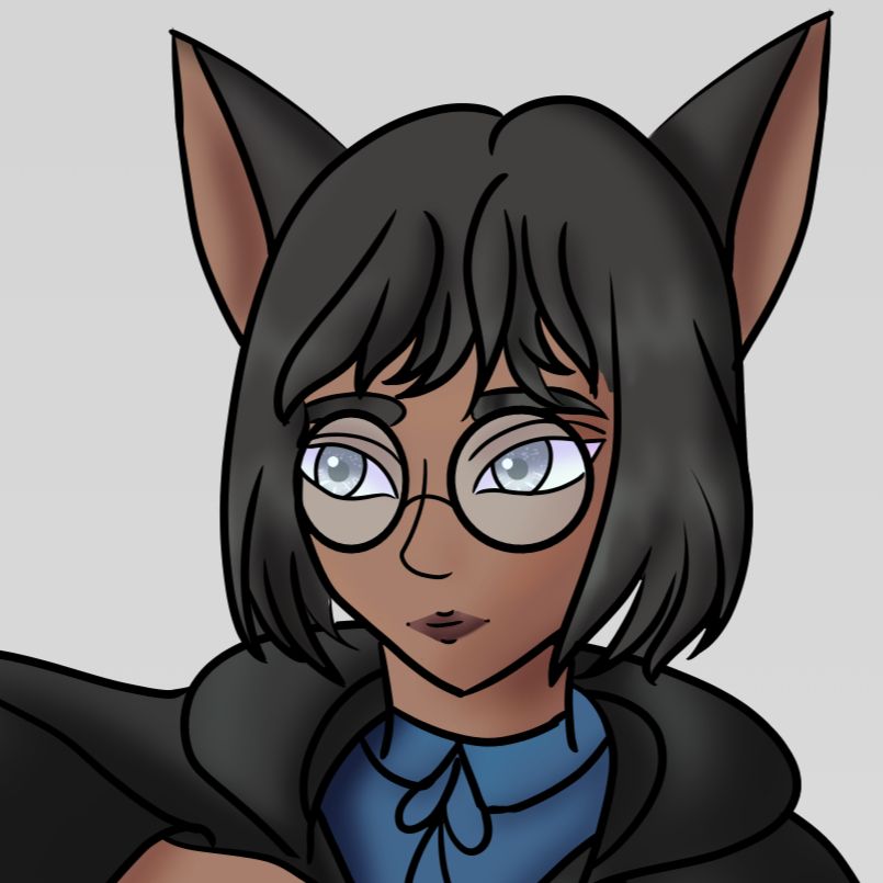 Headshot of Arxemi, a Miqo'te (catfolk) woman with grey eyes, a black bob, and glasses.