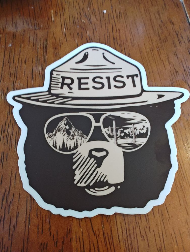 Brown bear face with sunglasses showing a mountain in one lens and a desert in the other wearing a national parks ranger hat that says "RESIST"