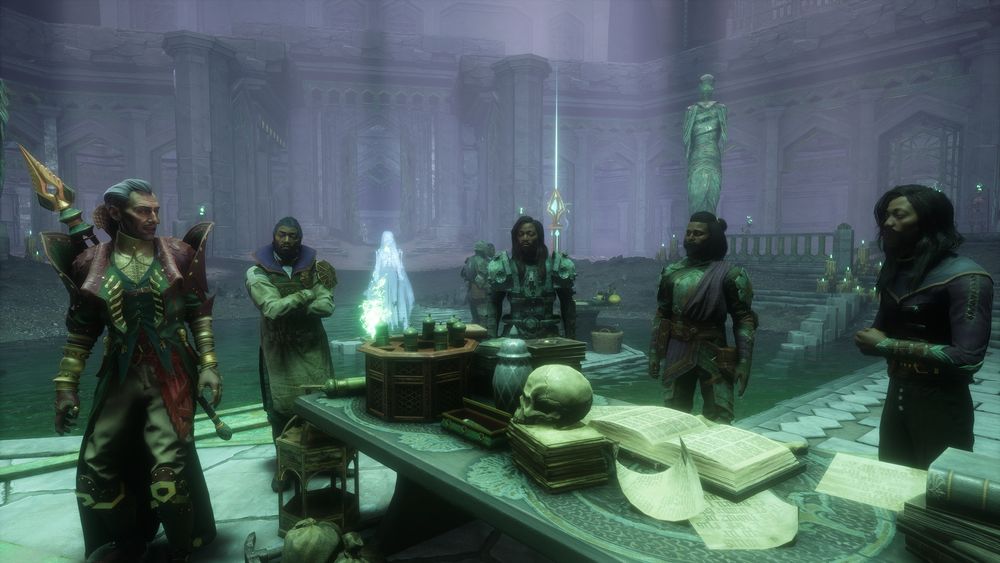 Screenshot from dragon age the veilguard of 5 mourn watchers around a desk