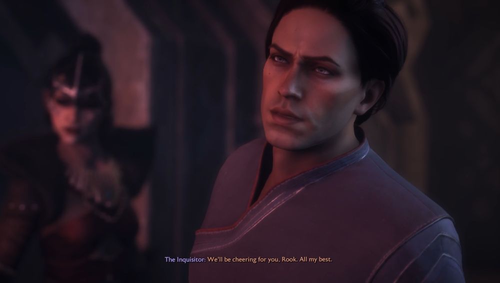Screenshot of the inquisitor from dragon age the veilguard. Subtitle:

The Inquisitor: We'll be cheering for you, Rook. All my best.