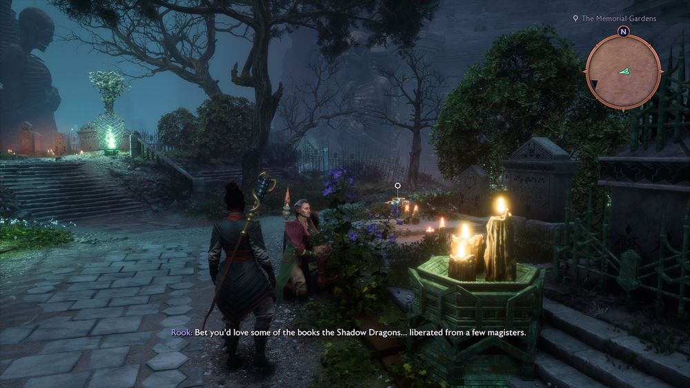 Screenshot from dragon age the veilguard. 

° The Memorial Gardens

Rook (to Emmrich): Bet you'd love some of the books the Shadow Dragons... liberated from a few magisters.