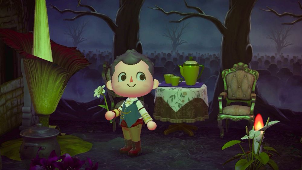 Image from the game animal crossing new horizons. The player character is dressed as the character emmrich from dragon age the veilguard, standing in a graveyard setting and holding a flower 