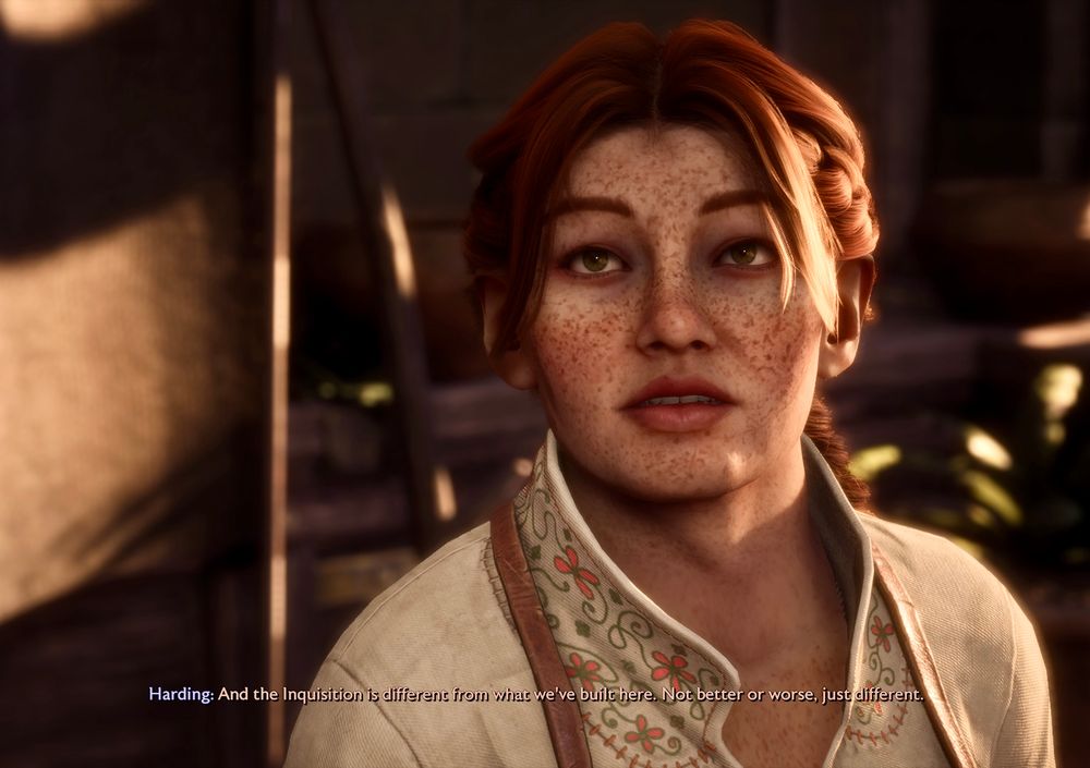 Screenshot from dragon age the veilguard. 

Harding: And the Inquisition is different from what we've built here. Not better or worse, just different.
