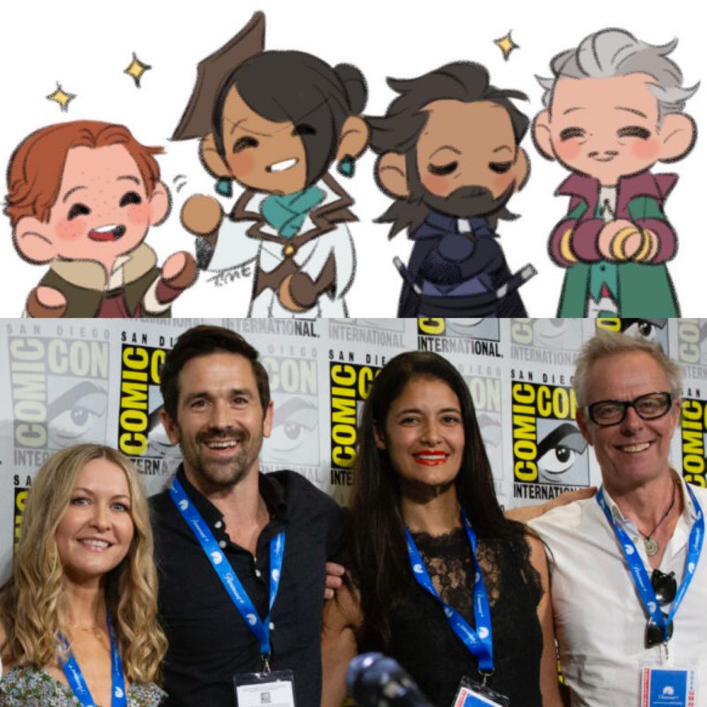 Art of Harding, Neve, Lucanis and Emmrich from Dragon Age by TimeTheHobo, alongside a photo of their four voice actors at Comic Con 2024