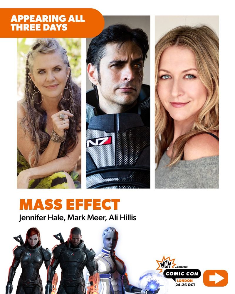 announcement of guests jennifer hale, mark meer and ali hillis at convention MCM london october 2025