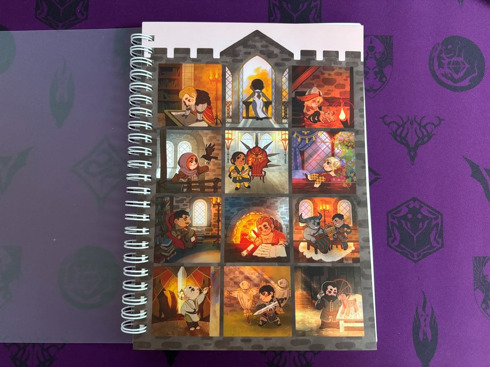 Photo of a sticker album with a cover featuring artwork of Skyhold