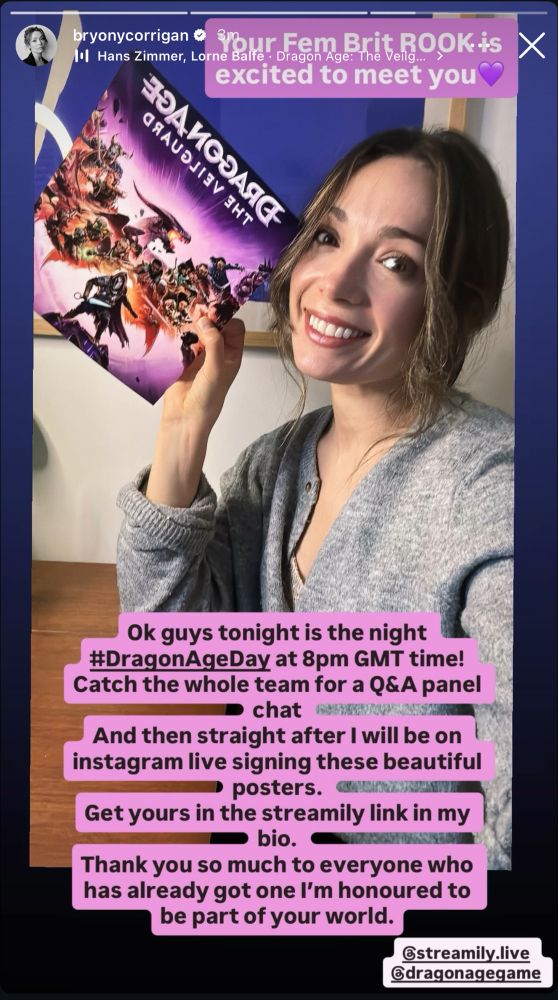 @bryonycorrigan 
Your Fem Brit ROOK is excited to meet you 💜

Ok guys tonight is the night
#DragonAgeDay at 8pm GMT time!
Catch the whole team for a Q&A panel chat
And then straight after I will be on instagram live signing these beautiful posters.
Get yours in the streamily link in my bio.
Thank you so much to everyone who has already got one I'm honoured to be part of your world.
@streamily.live
@dragonagegame